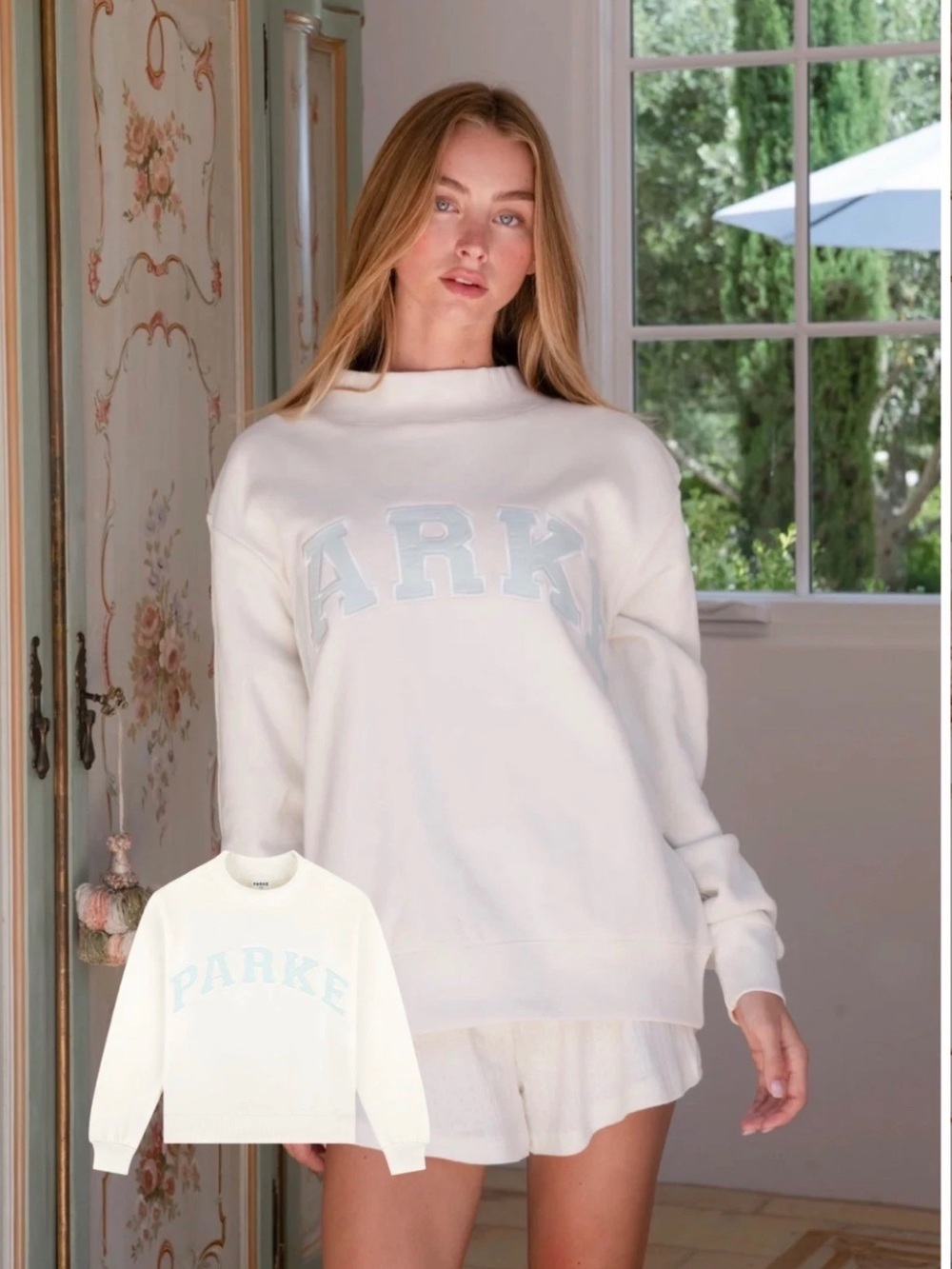 PARKE Bridal Collection Honeymoon Pearl & Pale Blue Mockneck Sweatshirt, Sz S/M
